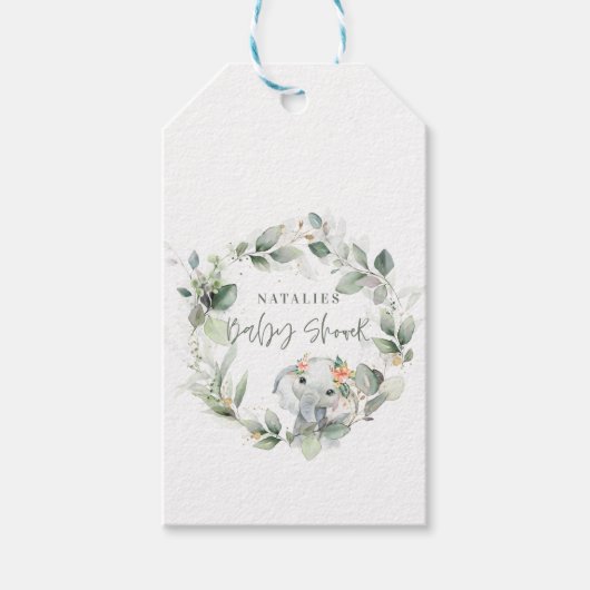 ユーカリ サージブルー 緑色 かわいい 象の赤ちゃんのシャワー ギフトタグ (正面)