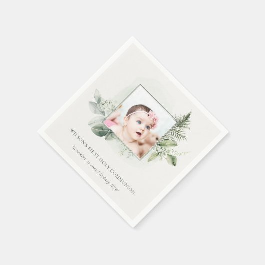 ユーカリ・シダの葉の写真最初の聖餐式 スタンダードカクテルナプキン (角)