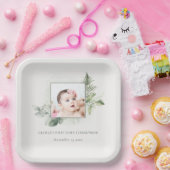 ユーカリ・シダの葉の写真最初の聖餐式 ペーパープレート (パーティー)