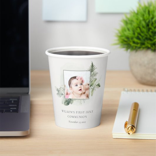 ユーカリ・シダの葉の写真最初の聖餐式 紙コップ (インサイチュ)