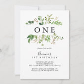 ユーカリ シンプル フラワーファースト バースデーパーティー 招待状 (正面)