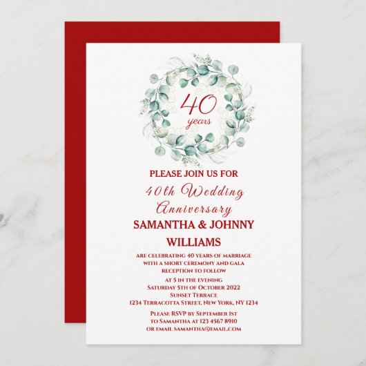 ユーカリ スクリプト ルビー 40周年 結婚記念日 招待状 (正面/裏面)