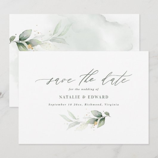 ユーカリ・セージグリーン・ゴールドのウェディング・セーブ・ザ・デート セーブザデート (正面/裏面)