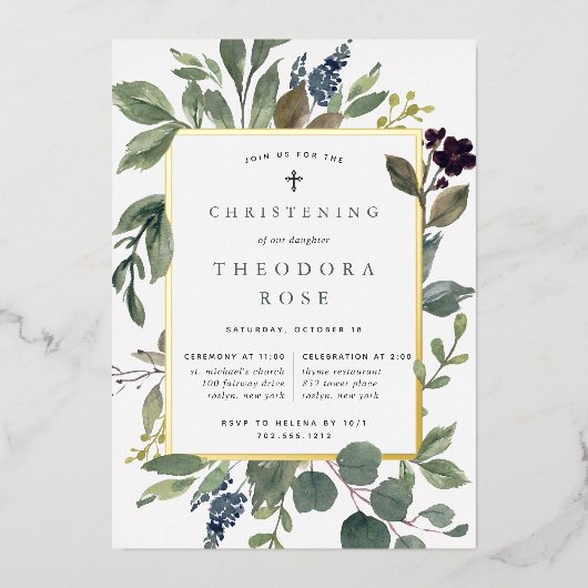 ユーカリ&セージ洗礼または《キリスト教》洗礼式や命名式 箔招待状 (正面)