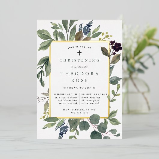 ユーカリ&セージ洗礼または《キリスト教》洗礼式や命名式 箔招待状 (立ち正面)