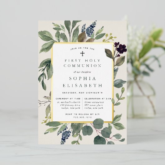 ユーカリ&セージ第一聖餐式 箔招待状 (立ち正面)