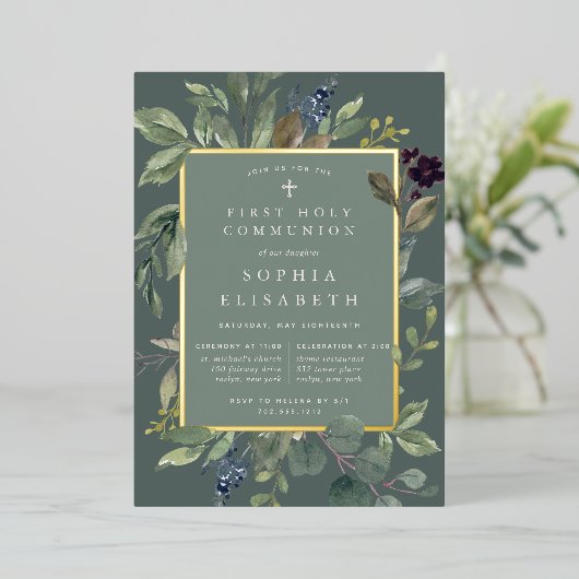 ユーカリ&セージ第一聖餐式 箔招待状 (立ち正面)