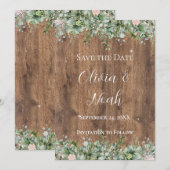 ユーカリ ダスティーローズ Save the Date | グリーン 招待状 (正面/裏面)