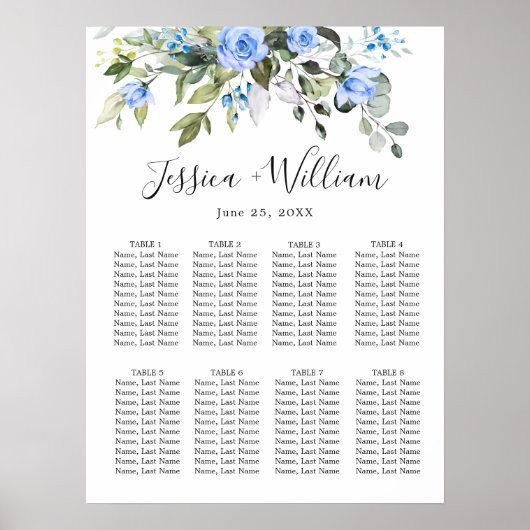 ユーカリ&バラ8テーブル結婚のシーティングチャート ポスター (正面)