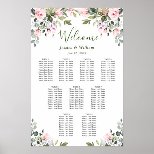 ユーカリ&バラ9テーブル結婚のシーティングチャート ポスター (正面)