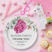 ユーカリ、ピンクのバラの花タイポグラフィ結婚ズ ペーパープレート (パーティー)