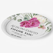 ユーカリ、ピンクのバラの花タイポグラフィ結婚ズ ペーパープレート (アングル)