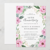 ユーカリ ピンクの花 50周年記念の結婚式 招待状 (正面/裏面)