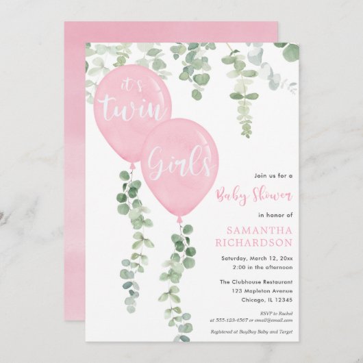 ユーカリ·ピンク風吹き出しのベビーシャワー 招待状 (正面/裏面)