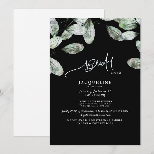 ユーカリ ブラック ブライダル シャワー 招待状 (正面/裏面)
