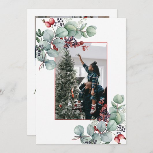 ユーカリ、ベリー、スプルース、2-Photoクリスマス 案内状 (正面/裏面)