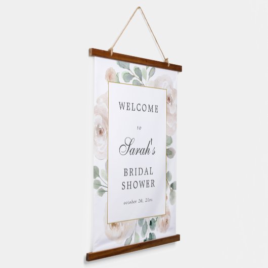 ユーカリ ホワイト フラワー ブライズ シャワー ウェルカム サイン 吊り下げ型タペストリー (傾斜あり)