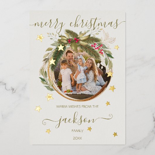 ユーカリ&モイスクリスマスリース金ゴールド星写真 箔シーズンカード (正面)
