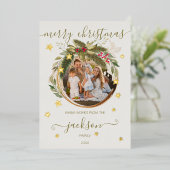 ユーカリ&モイスクリスマスリース金ゴールド星写真 箔シーズンカード (立ち正面)