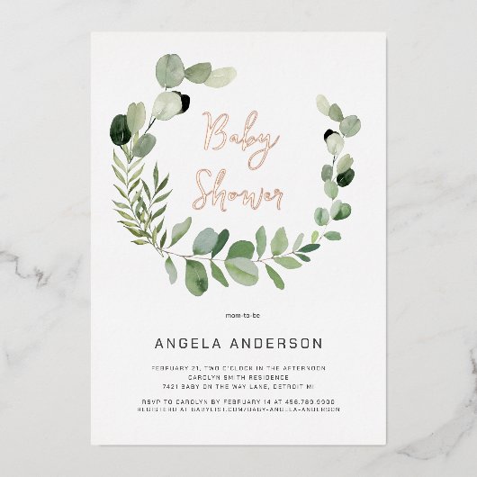 ユーカリ モダン シンプル ベビーシャワー ローズ フォイル 箔招待状 (正面)