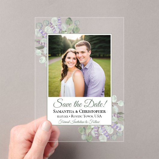 ユーカリ&ラベンダーウェディング日付写真を保存 アクリル招待状 (インサイチュ (ポータブル))