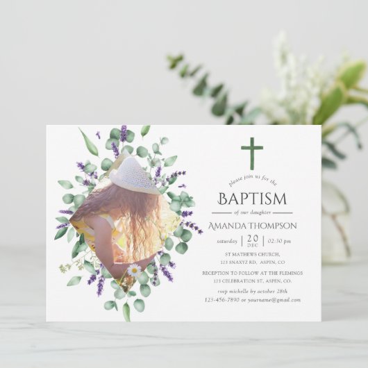 ユーカリ・ラベンダーバプテスマまたは《キリスト教》洗礼式や命名式 招待状 (スタンド正面)