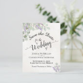 ユーカリ&ラベンダーホワイトウェディング日付を保存 案内ポストカード (スタンド正面)