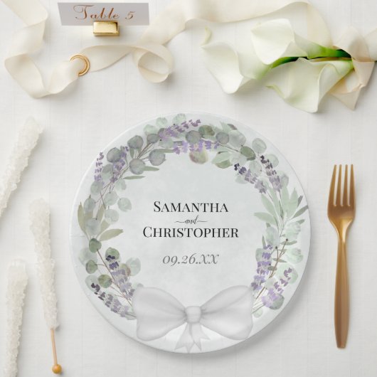 ユーカリ&ラベンダーリースウォーターカラー結婚ズ ペーパープレート (ウェディング)