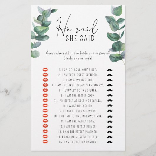 ユーカリ – 彼は彼女はブライダルシャワーゲームと言った (正面)