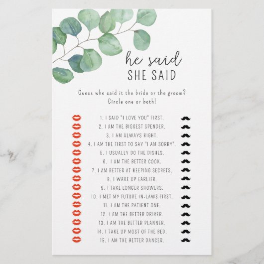 ユーカリ – 彼は彼女はブライダルシャワーゲームと言った (正面)