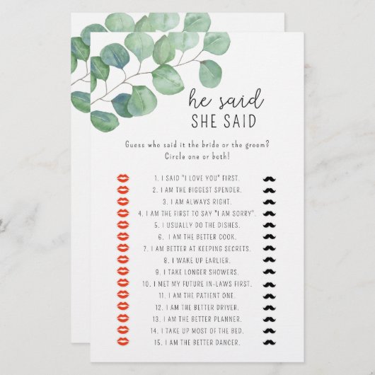 ユーカリ – 彼は彼女はブライダルシャワーゲームと言った (正面/裏面)