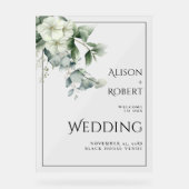 ユーカリ、白い花縁ど結婚の歓迎 アクリルサイン (正面)