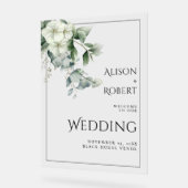 ユーカリ、白い花縁ど結婚の歓迎 アクリルサイン (傾斜)