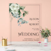 ユーカリ、白い花縁ど結婚の歓迎 アクリルサイン (ウェディング)