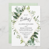 ユーカリ 緑 ゴールド 幾何学 現代 ウェディング 招待状 (正面/裏面)