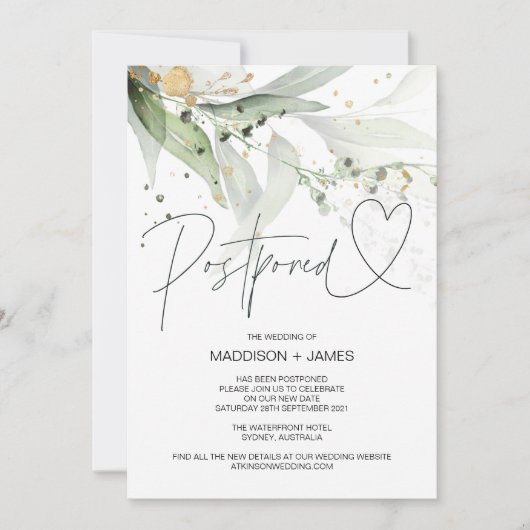 ユーカリ（緑）結婚の延期日変更 招待状 (正面)