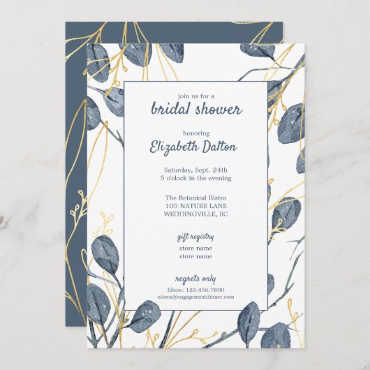 ユーカリ&金ゴールドウォーターカラーガーデンブライダルシャワー 招待状