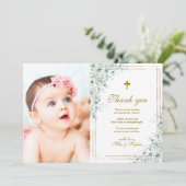 ユーカリ&金ゴールドフォトバプテスマサンキューカード 招待状 (スタンド正面)