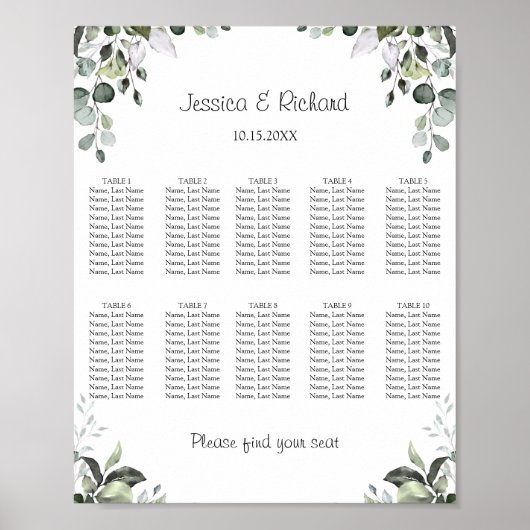 ユーカリ 10 テーブル シーティング チャート ポスター サイン (正面)