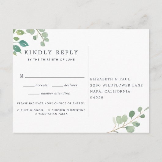 ユーカリRSVPポストカード(食事の選択あり) インビテーションポストカード (裏面)