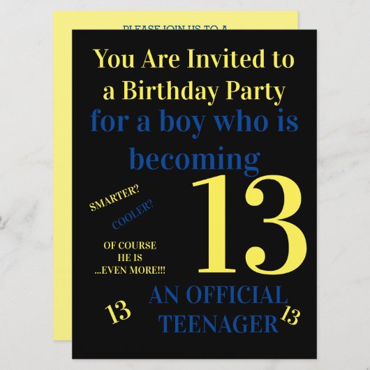 ユークールは13公式10代の若者ボーイ誕生日 招待状 (正面/裏面)