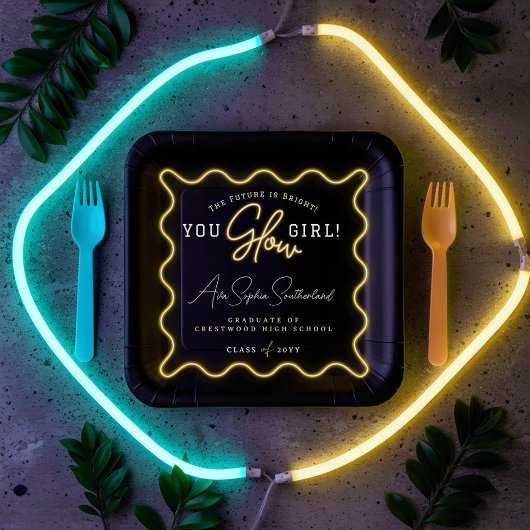 ユーグローガールレトロウェーブイエローネオン卒業 ペーパープレート