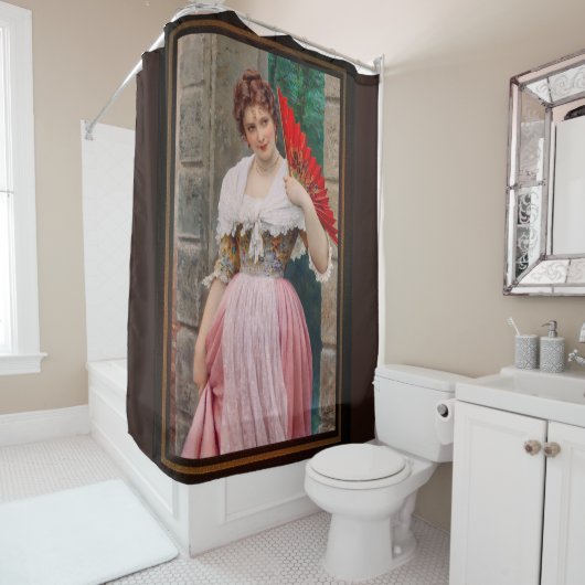 ユーゲン・フォン・ブラスの赤い扇子を持った若い女性 シャワーカーテン (インサイチュ)