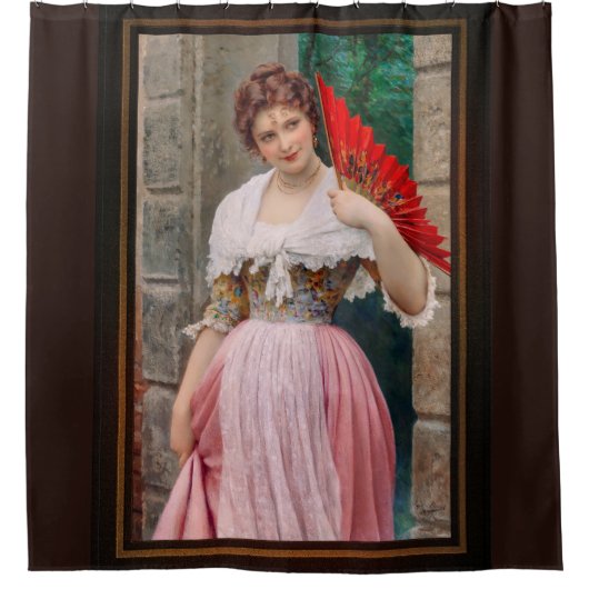 ユーゲン・フォン・ブラスの赤い扇子を持った若い女性 シャワーカーテン (正面)