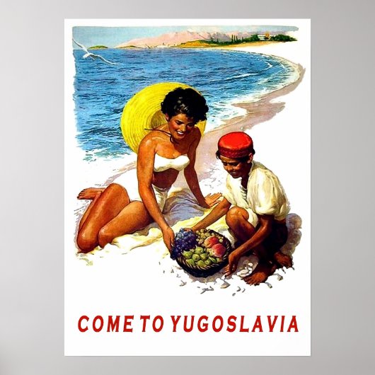 ユーゴスラビア、フルーツセラーとビーチ上の女性 ポスター (正面)