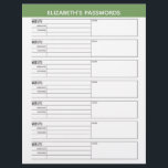 ユーザー名とノートのフライを使用した基本的なパスワードトラッカー チラシ<br><div class="desc">パスワードを整理するためのデザイン。このデザインには、名前を追加する領域が上部に含まれている。その他の領域には、ユーザ名とパスワードの基本的なパスワード情報が含まれている。上部のカラーバーを変更できる。</div>