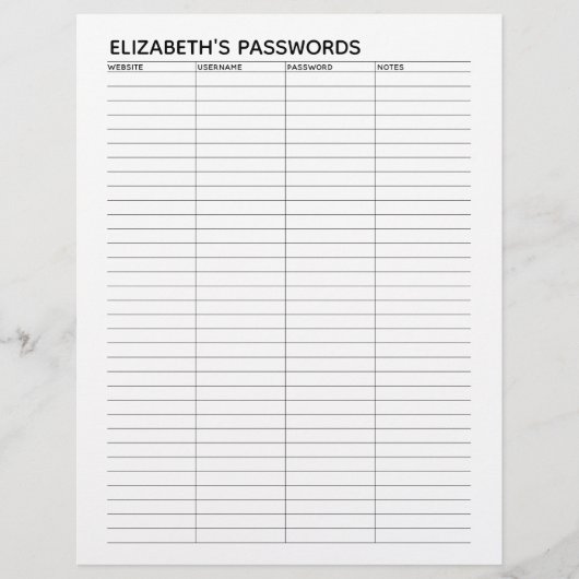 ユーザー名とメモを使用した基本的なパスワードトラッカー チラシ (正面)