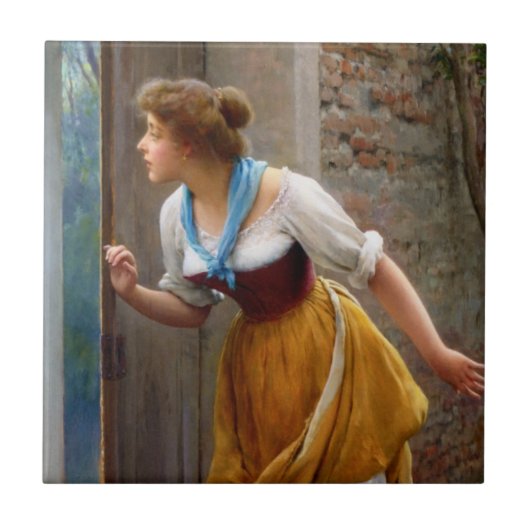 ユージン・ド・ブラー( Eugene de Blaas)による「盗み聞きする女性」 タイル (正面)