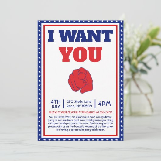 ユージーン・シェーファーの「I Want You」ポスターにインスパイアされた、楽しい4th of 招待状 (スタンド正面)