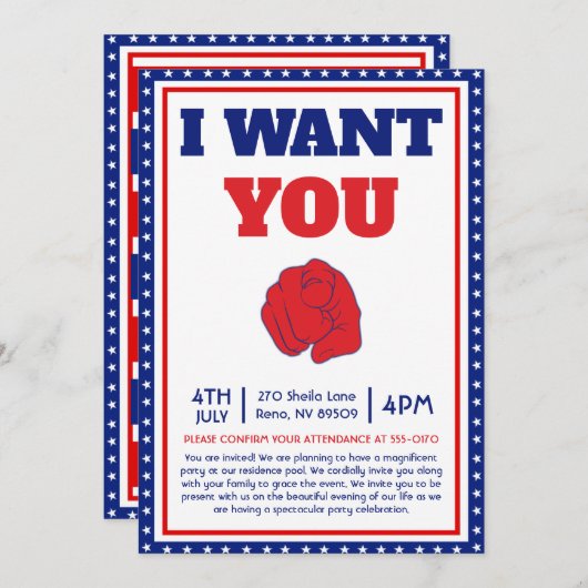 ユージーン・シェーファーの「I Want You」ポスターにインスパイアされた、楽しい4th of  招待状 (正面/裏面)